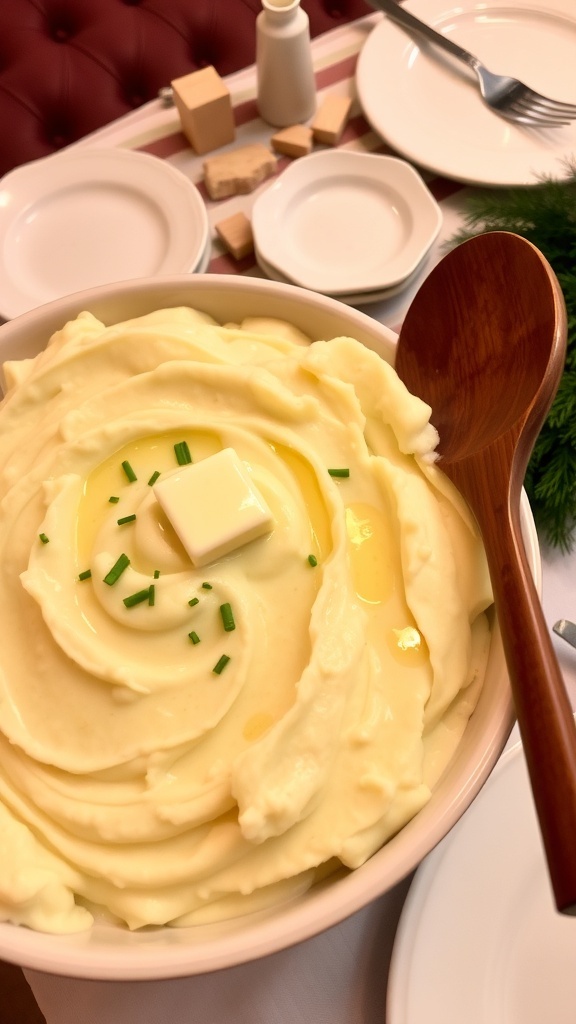 A large bowl of creamy mashed potatoes topped with butter and chives, ready to serve at a gathering.